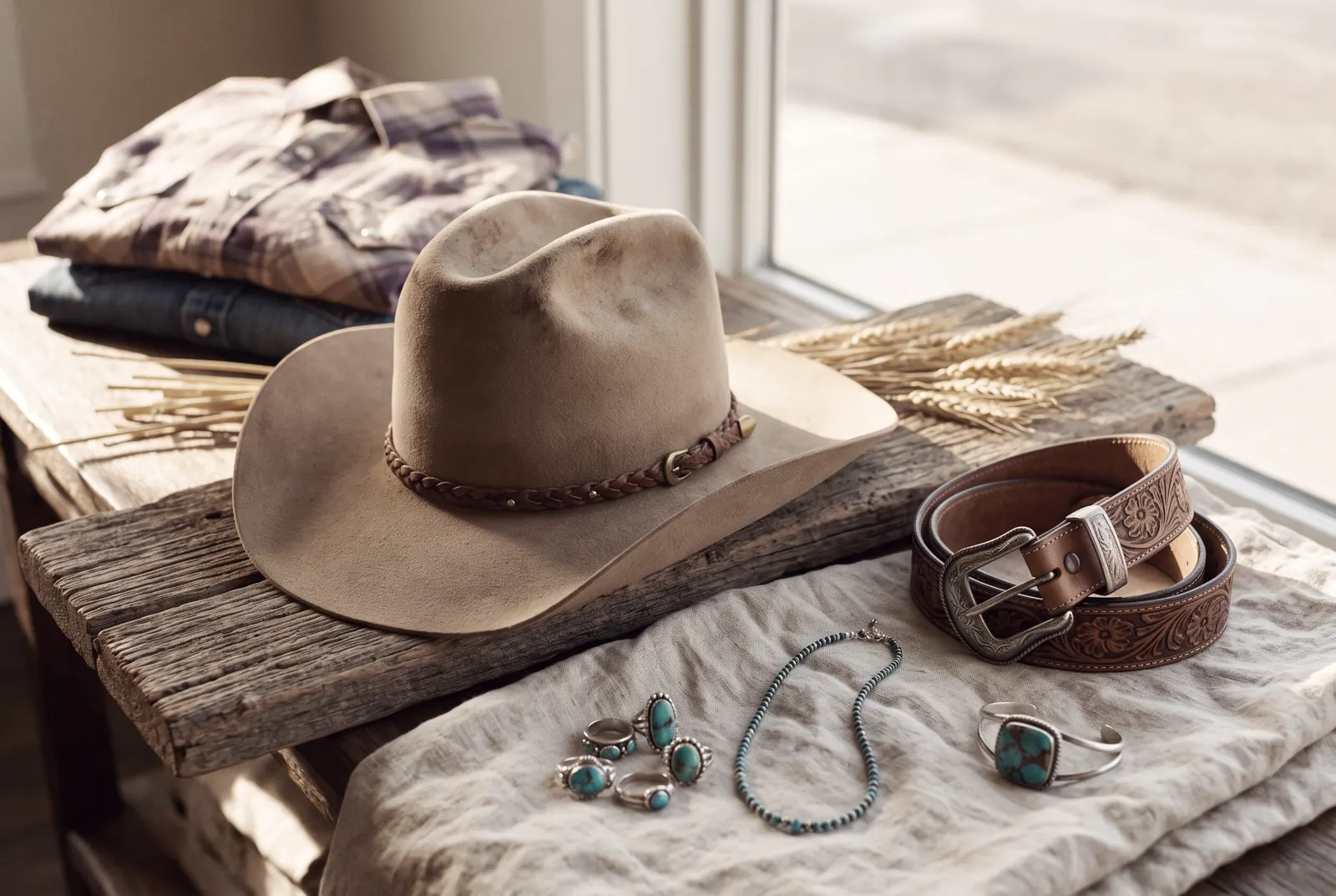 Felt cowboy hat on weathered barnwood beside a tooled leather belt, turquoise and silver jewelry laid on linen, dried wheat stems and folded pearl-snap shirts in late afternoon storefront light