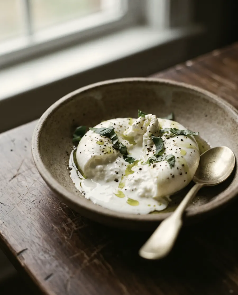 Torn burrata glossed with olive oil and scattered basil, lit from one side by candlelight against near-black.