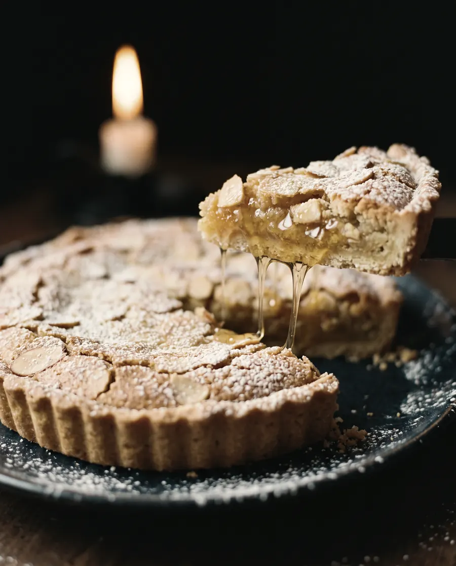 An almond-honey tart with honey pooling at the rim, a single candle burning directly behind it.