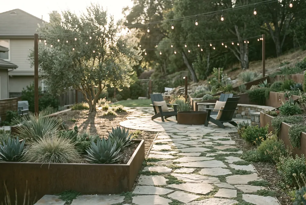 A finished Sierra Verde backyard at golden hour: flagstone patio, a corten steel planter of blue agave and ornamental grasses, an olive tree throwing a long shadow, and string lights glowing over a fire pit with two chairs.