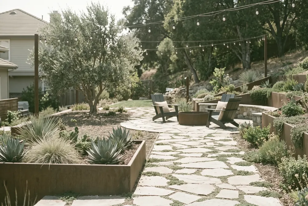 The same backyard under midday sun in August: hard overhead light, and the planting still full and green.