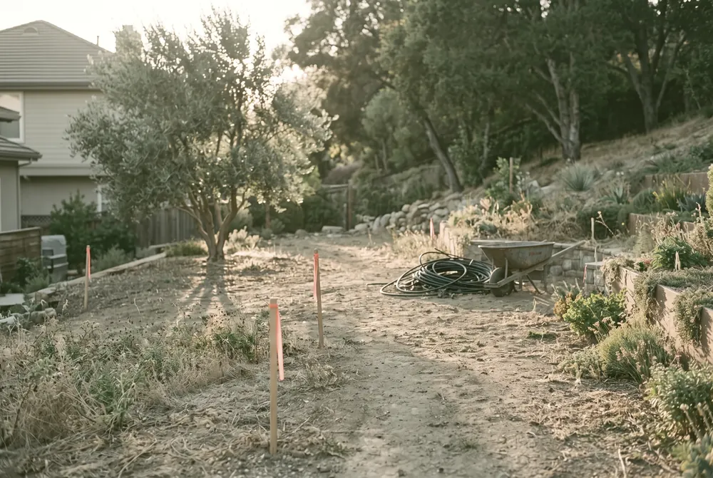 The same backyard before work began: bare compacted dirt, a survey stake, a coiled hose and a wheelbarrow.