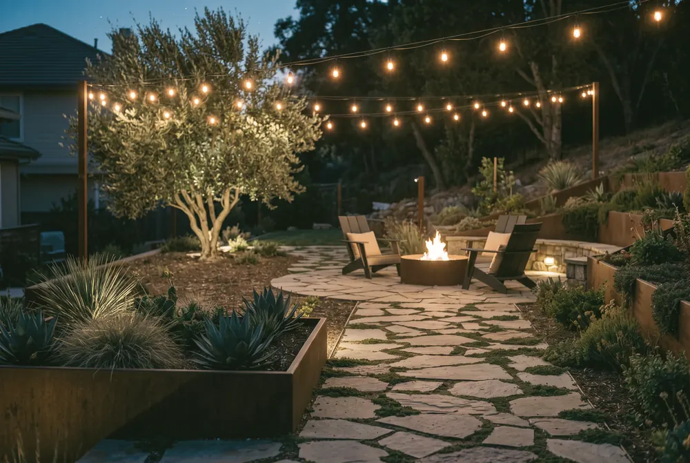 The same backyard after dark: string lights on, the fire pit burning and low path lights in the retaining wall.