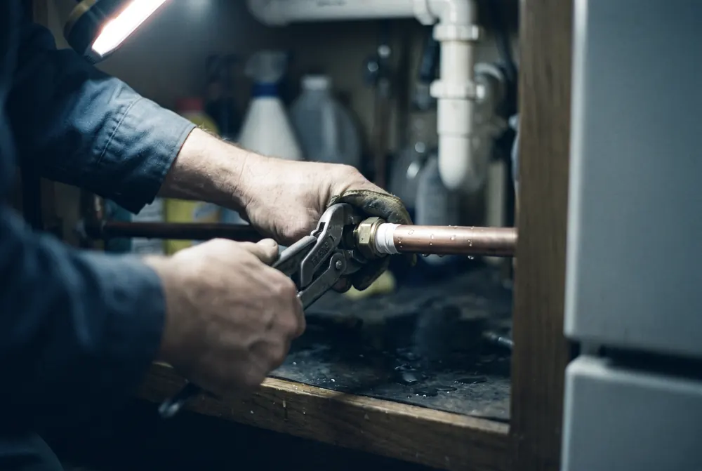 A plumber tightening a brass fitting on copper pipe under a sink by the light of a single work lamp