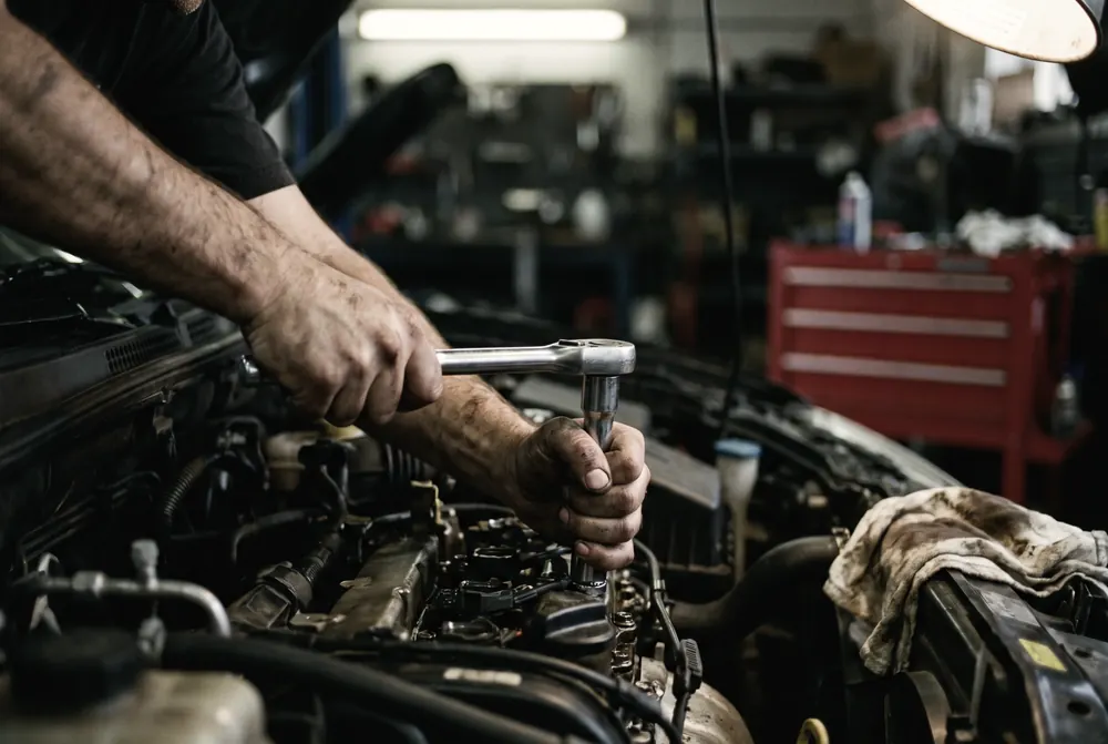 A technician’s hands, grease worked into the knuckle creases, torquing a socket wrench on an engine-bay bolt under warm shop light.